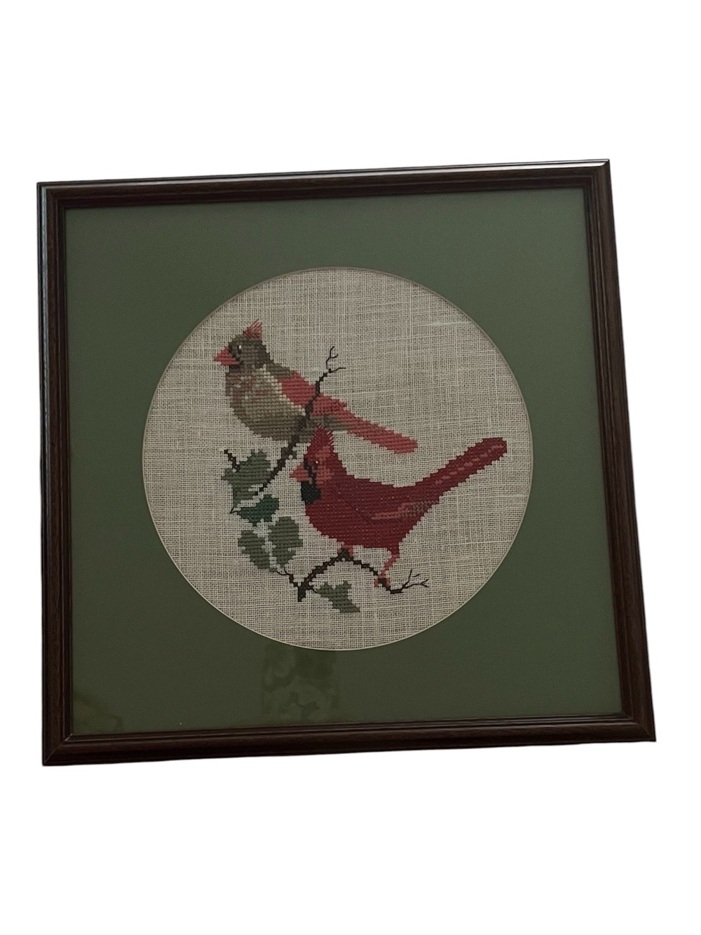 Vintage Needlepoint Red Cardinals with Glass - Professionally Framed
